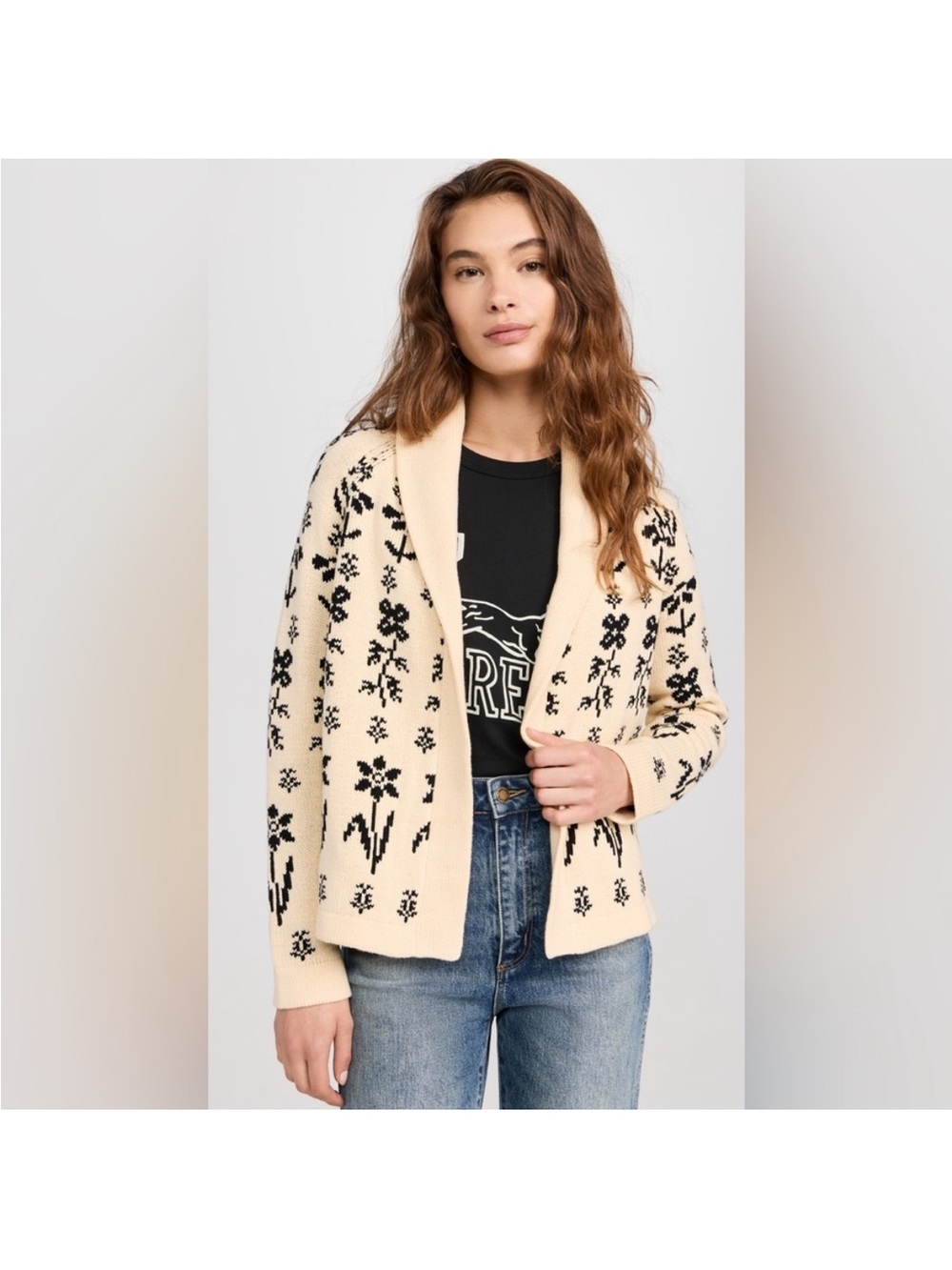 THE GREAT. Lodge Cardigan, Cream and Black Garden - Picture 3 of 7